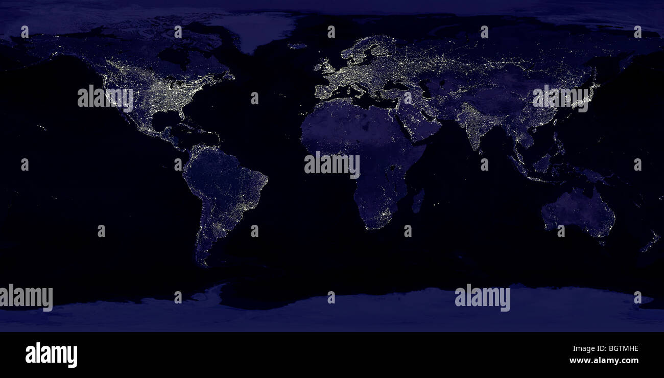 Luci di notte che mostra la densità della popolazione e lo sviluppo economico in continenti del mondo Foto Stock