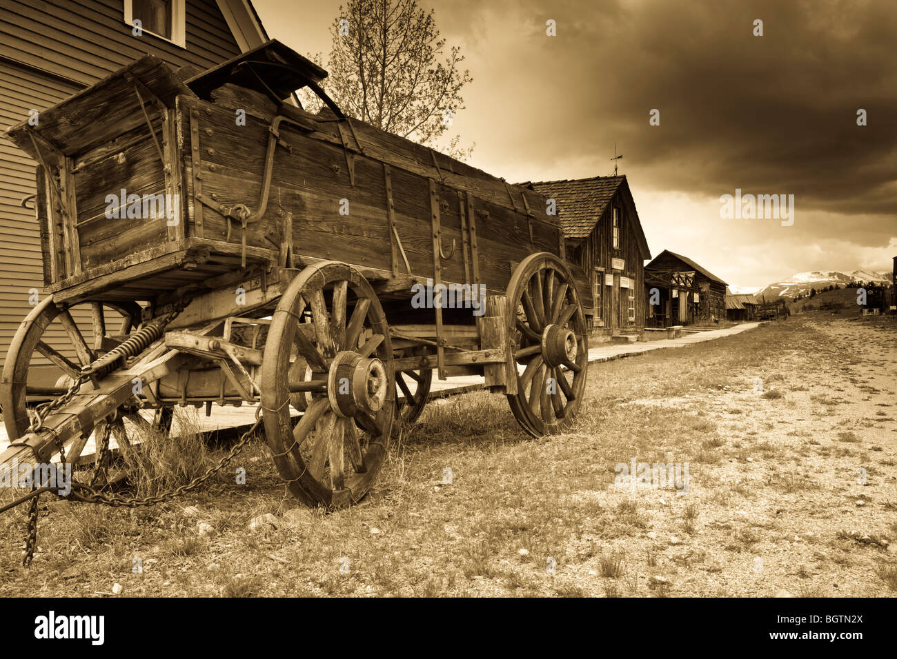 Il vecchio west carro a South Park City Mining Museum. Età guardare foto applicata. Fairfield, Colorado, STATI UNITI D'AMERICA Foto Stock