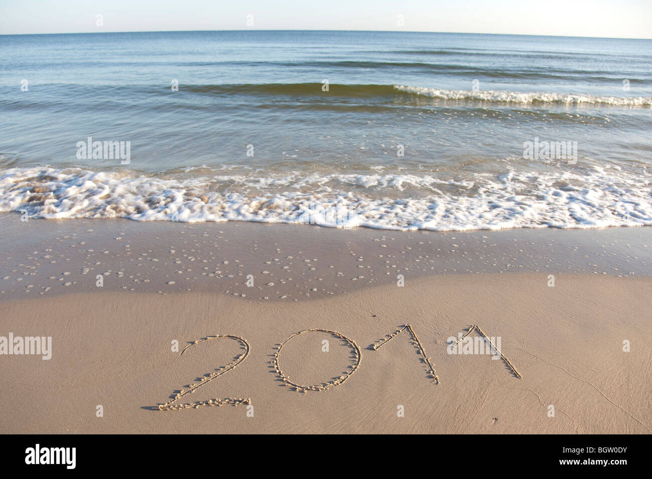 Testo scritto in spiaggia Foto Stock