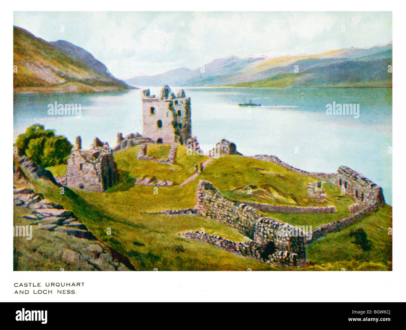 Castello Urquhart, Edwardian pittura della pittoresca rovina sulle rive di Loch Ness nel cuore della Scozia Foto Stock