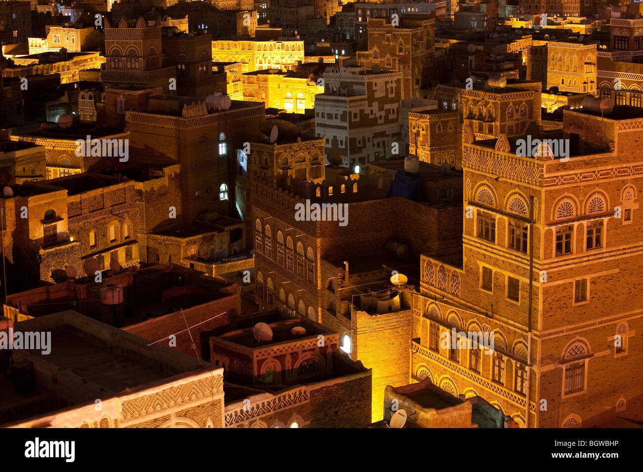 Sana'una di notte, Yemen Foto Stock