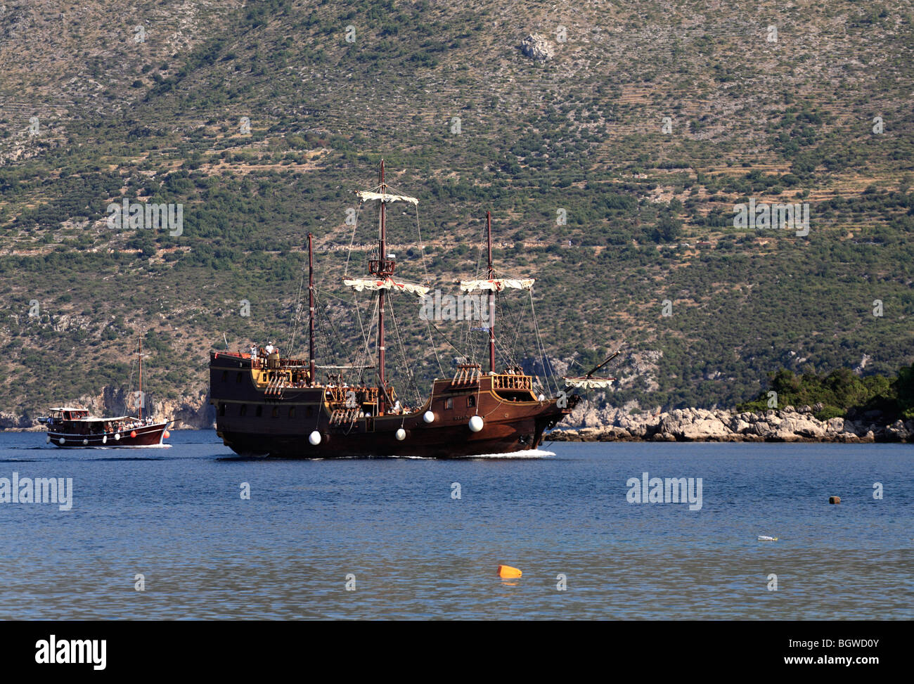 Galeone Replica Tirena escursione turistica a Donje Celo Harbour, Kolocep, sud della Dalmazia Croazia una delle isole di ELAFITI Foto Stock