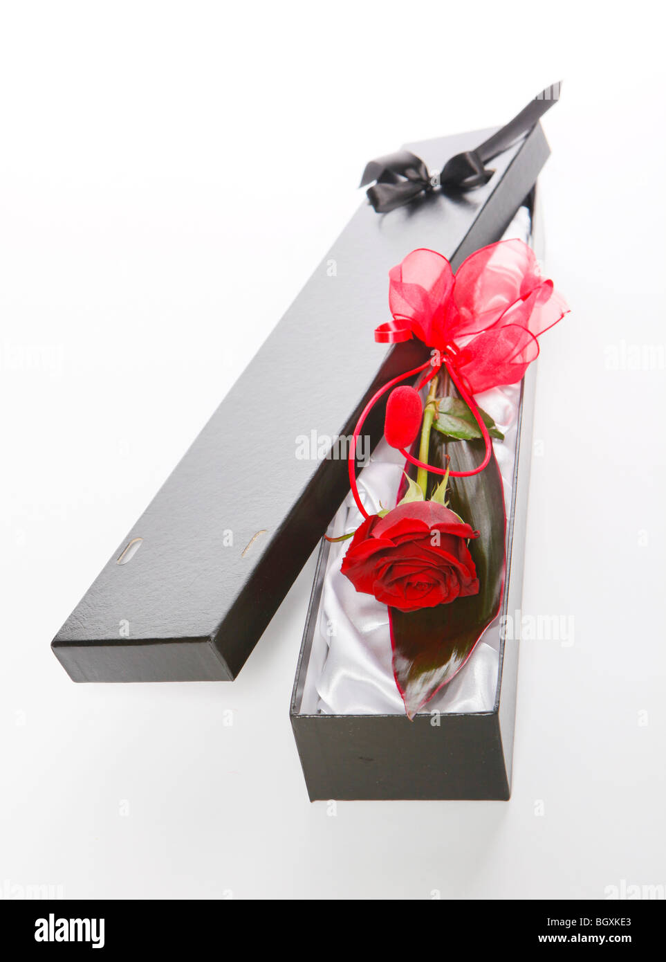 Un San Valentino di dono di una singola rosa rossa in una confezione regalo  nera Foto stock - Alamy