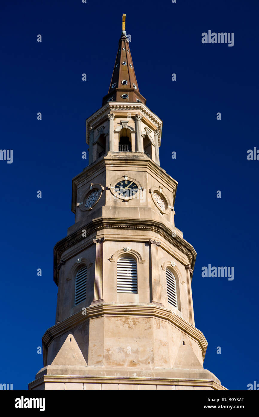 Il campanile di San Filippo episcopale della Chiesa, Church Street, Charleston, Carolina del Sud, Stati Uniti d'America. Foto Stock