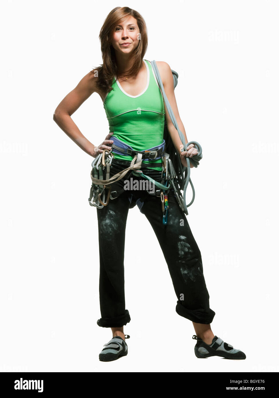 Ritratto di una donna con ingranaggio di arrampicata Foto Stock