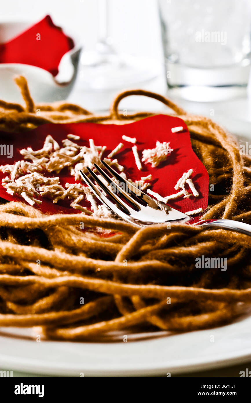 Concetto di cibo, fake spaghetti al sugo e costruito da filati, tessuto e altri materiali Foto Stock