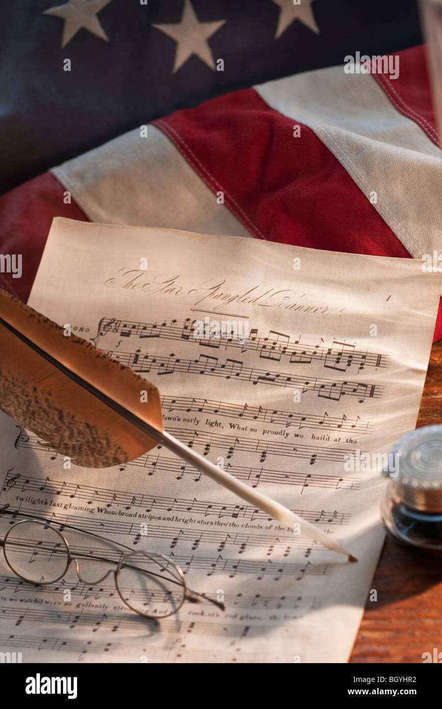 Foglio di musica sulla bandiera americana Foto Stock