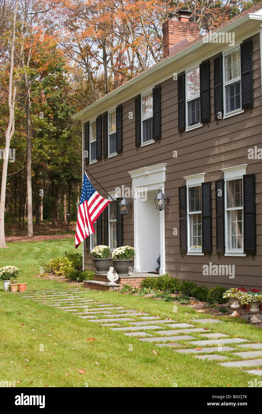Bandiera americana sulla casa Foto Stock