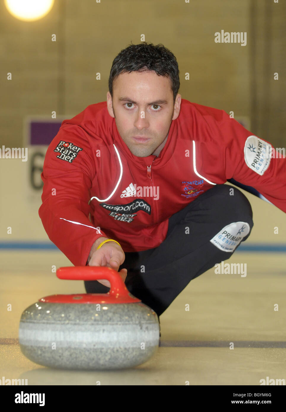 David Murdoch, saltare degli uomini della scuderia GB Curling team per le Olimpiadi invernali di Vancouver Canada 2010. Foto Stock