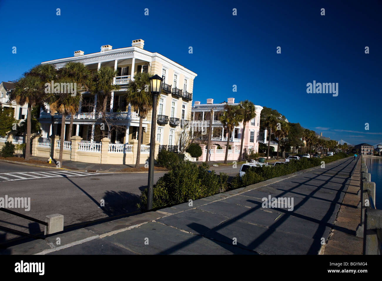 A piedi lungo la batteria con grandi palazzi anteguerra e Palmetto alberi in background, Charleston, Sud Carolin Foto Stock