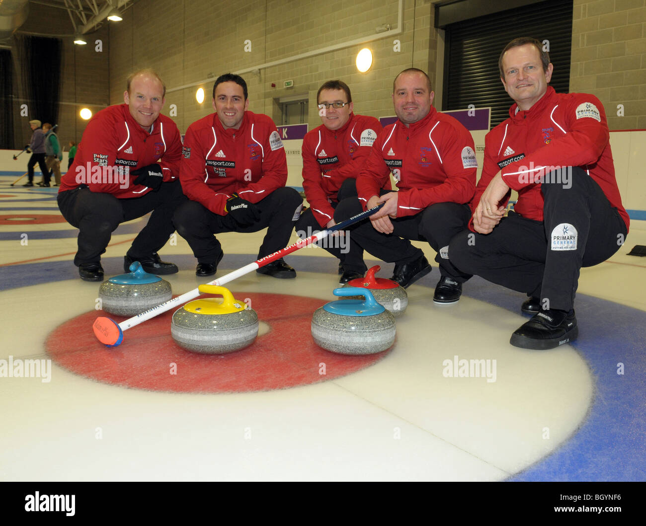 I membri di uomini della scuderia GB Curling team per le Olimpiadi invernali di Vancouver Canada 2010 Foto Stock