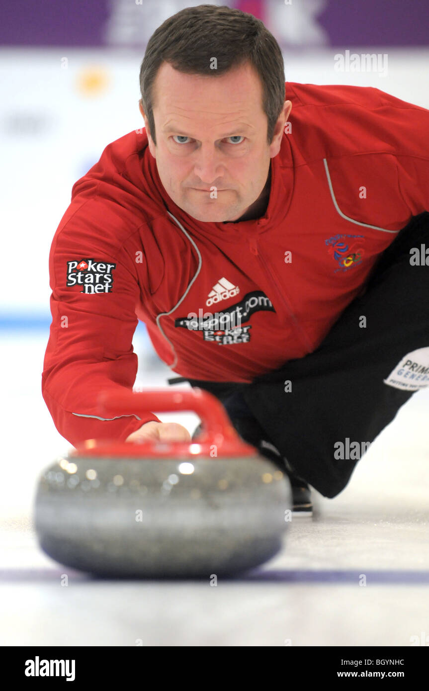 I membri di uomini della scuderia GB Curling team per le Olimpiadi invernali di Vancouver Canada 2010. Foto di Peter Smith. Foto Stock