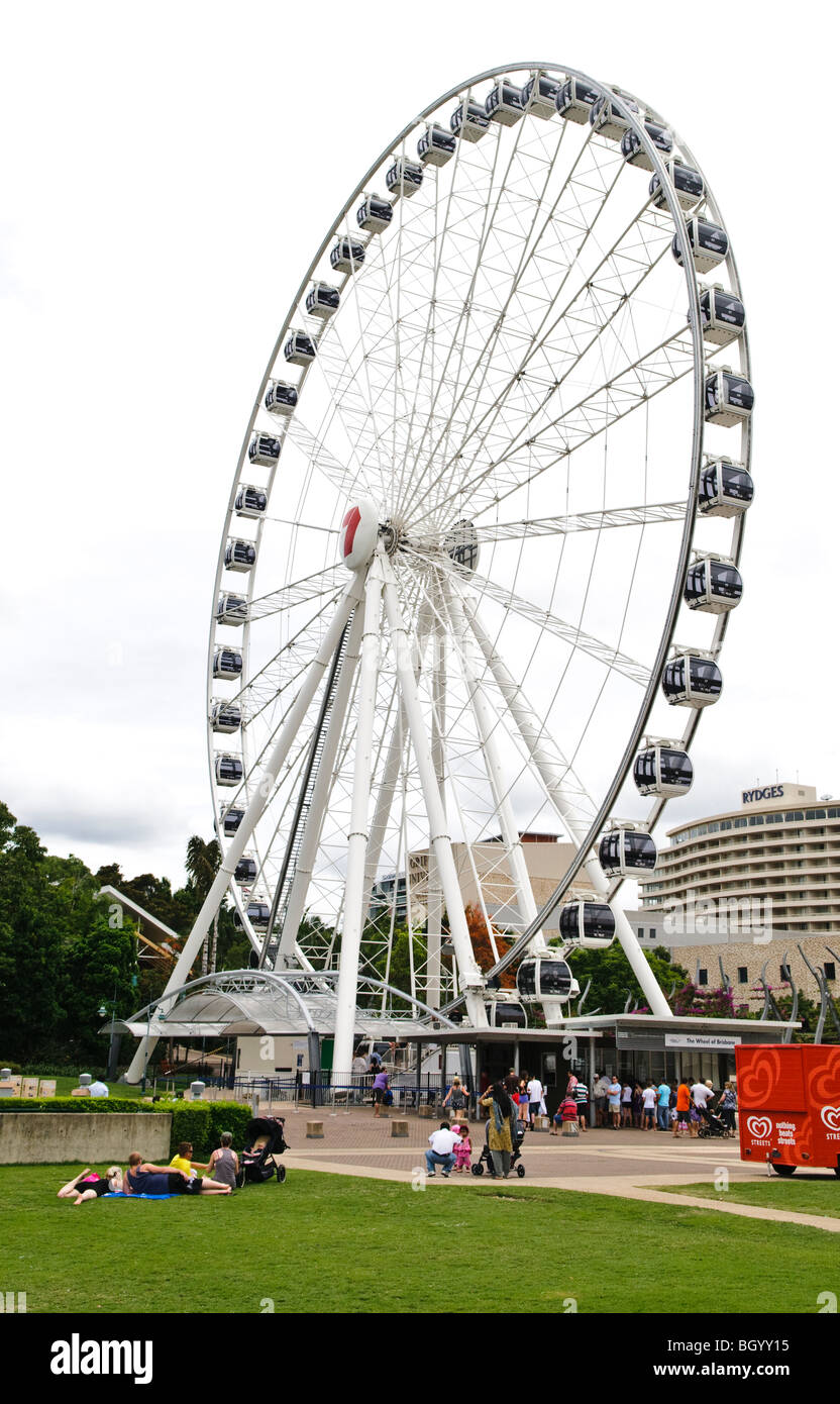 La ruota di Brisbane South Bank Parklands Brisbane Australia // BRISBANE, Australia — la ruota di Brisbane, un'importante attrazione della ruota panoramica, si trova a South Bank Parklands lungo il fiume Brisbane in una giornata limpida. La ruota panoramica alta 60 metri offre vedute panoramiche dello skyline di Brisbane e dell'area circostante. South Bank, un popolare quartiere culturale e ricreativo, è stato sviluppato sull'ex sito del World Expo '88 e ora serve come uno dei principali quartieri di intrattenimento della città. La ruota è diventata una caratteristica iconica del lungofiume di Brisbane sin dalla sua installazione nel 2008. Foto Stock