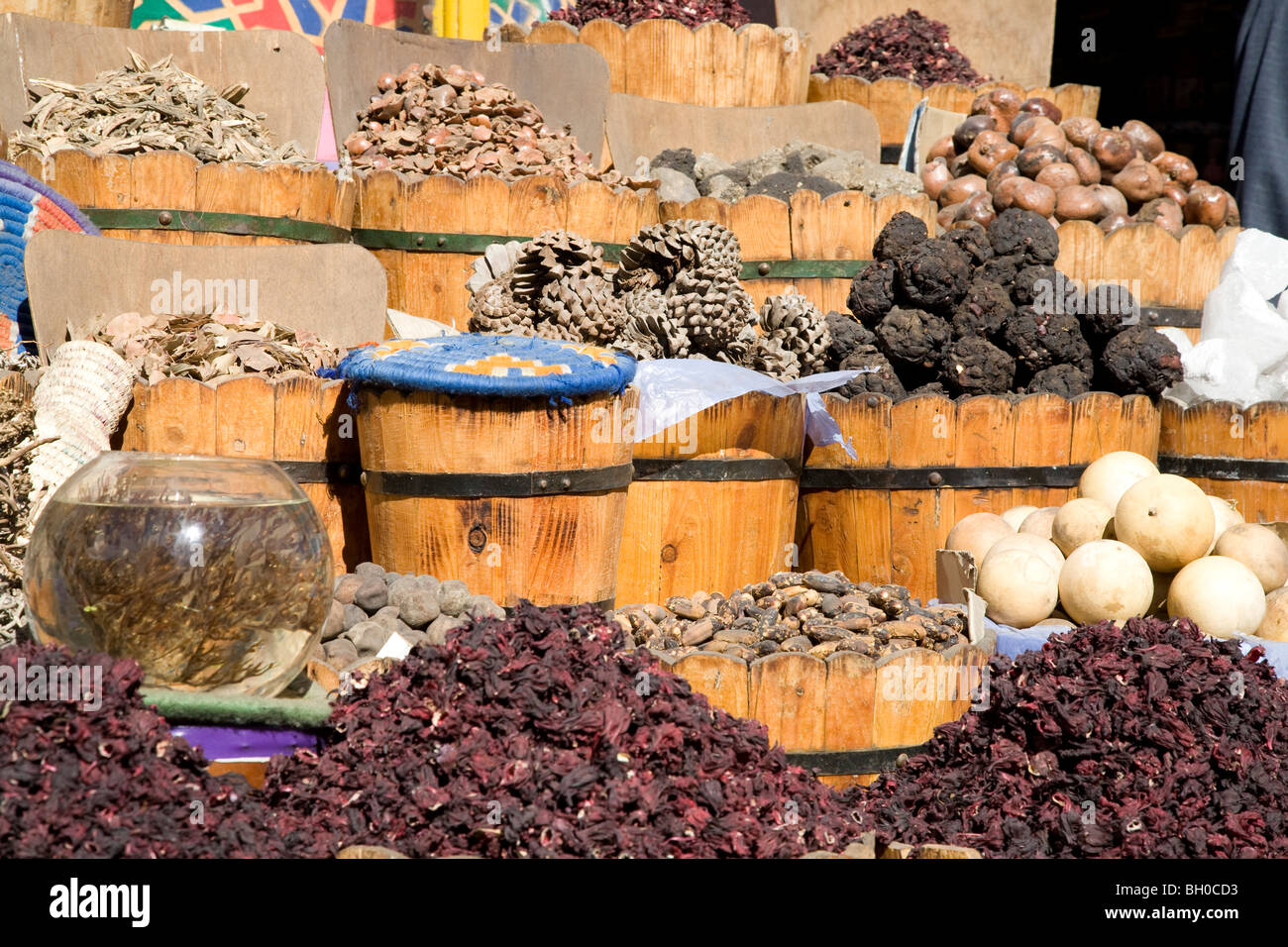 Ancora in vita. Vasche di legno di erbe e spezie sul display in Sharm El Sheikh mercato. L'Egitto. Africa.abbondanza Foto Stock