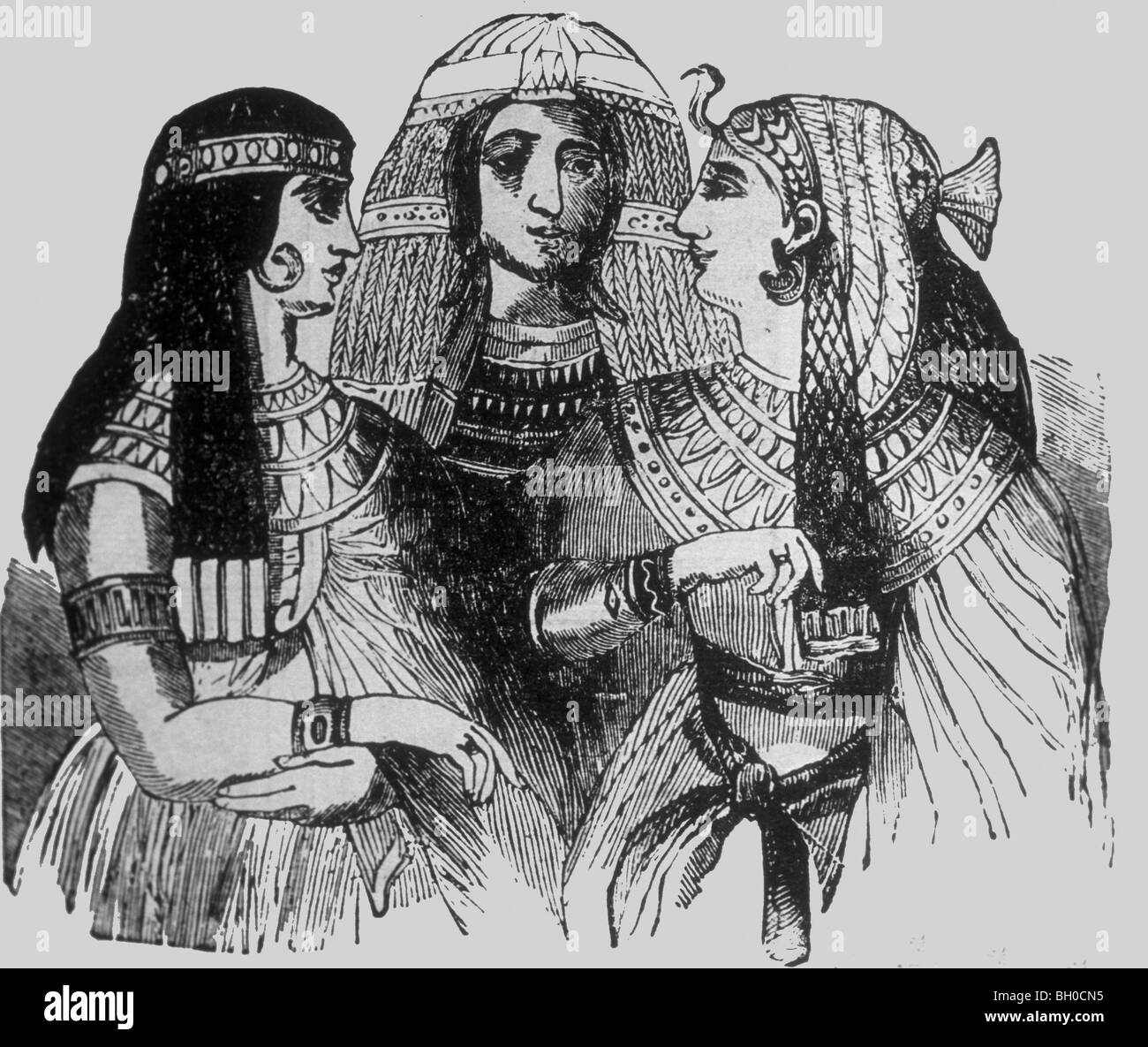 Vecchia litografia del tribunale le donne indossando parrucche faraonico Egitto Foto Stock
