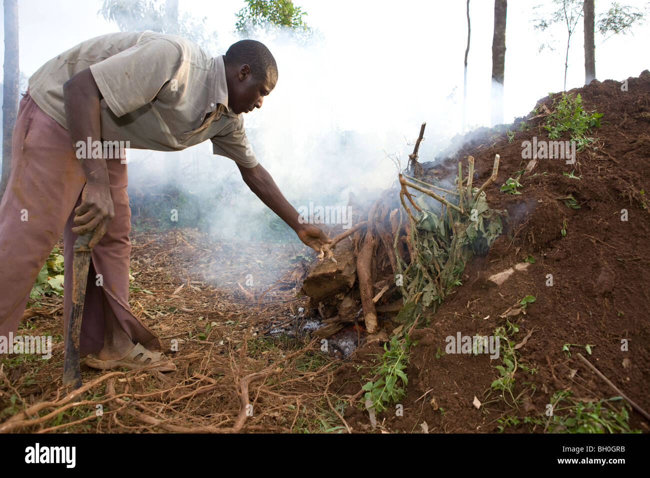 Un uomo produce carbone vicino a Kakamega Forest Riserve nel Kenya occidentale. Foto Stock