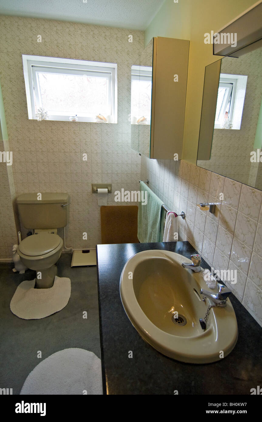 Verticale di ampio angolo interno di un vecchio 80's bagno con un colore verde suite bagno. Foto Stock