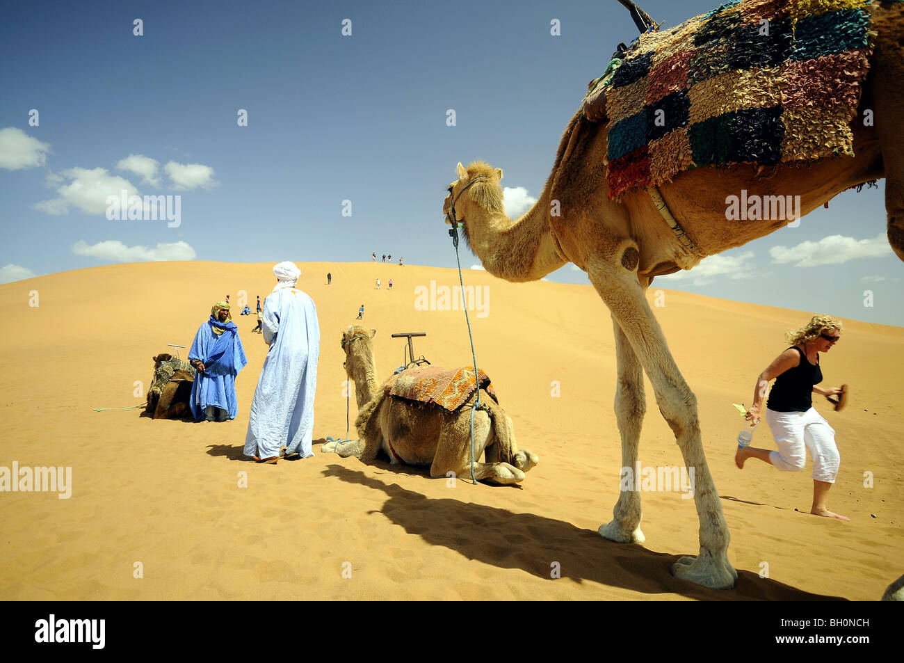 La gente del posto e turisti e cammelli su un sanddune, Valle di Draa, Sud Marocco, Marocco, Africa Foto Stock