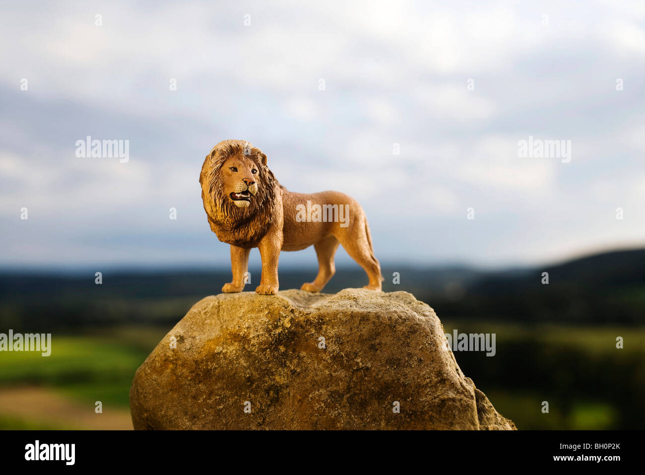 Toy lion in piedi su una pietra di fronte cielo velato Foto Stock