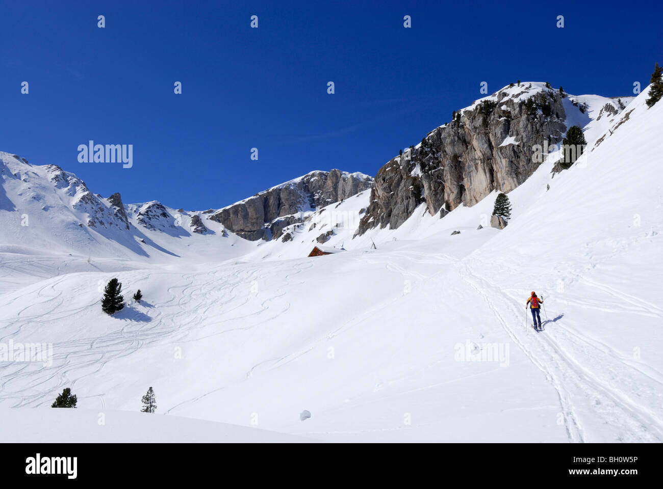 Backcountry rider, Valacia, Val di Fassa Dolomiti Trentino Alto Adige, Suedtirol, Italia Foto Stock