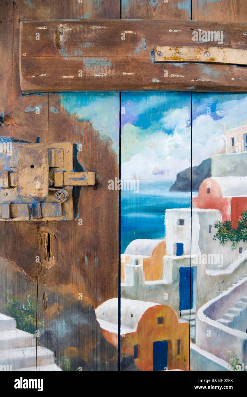 Porte dipinte a Aithra Galleria e atelier, Oia - Santorini, Grecia, Europa Foto Stock
