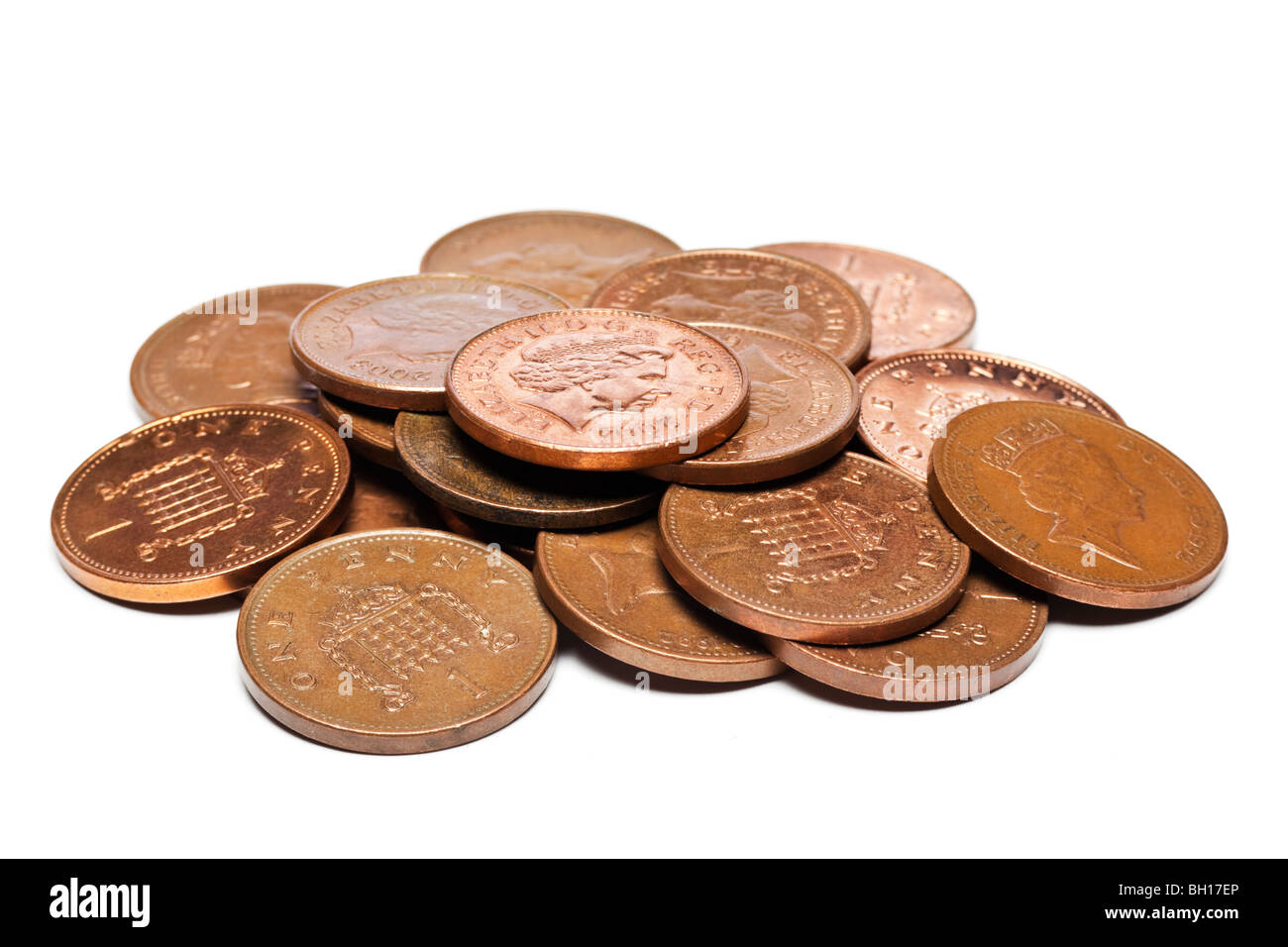 Pila di British uk GBP uno pence monete close up Foto Stock