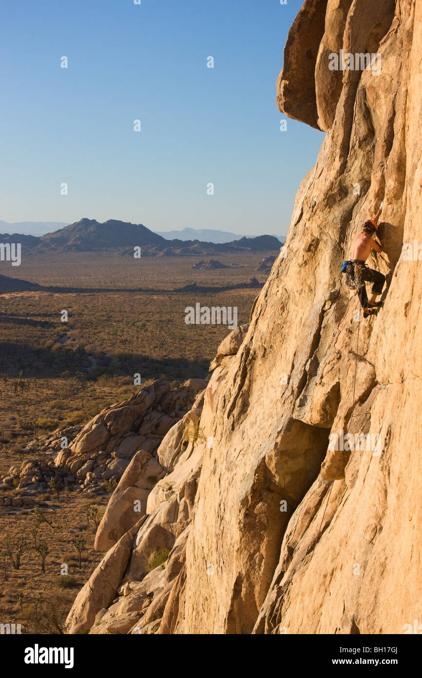 Matt VanBiene arrampicata su roccia a Joshua Tree National Park, California. (Modello rilasciato) Foto Stock