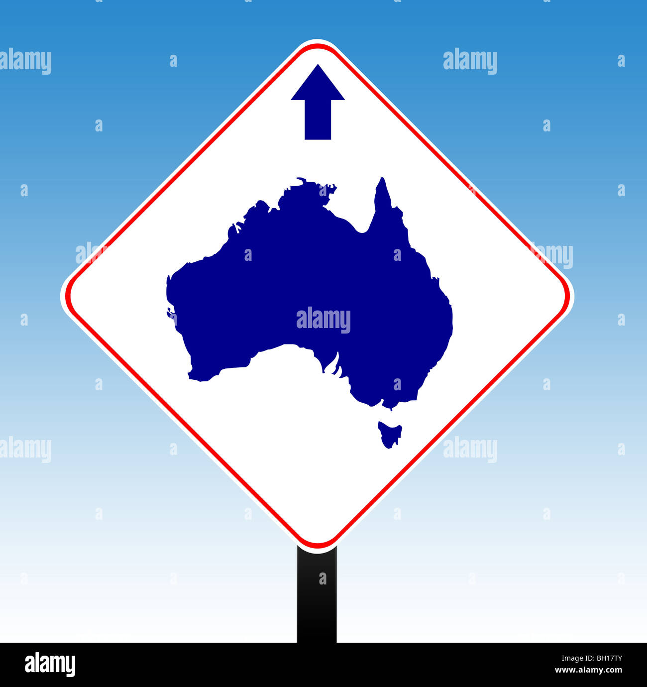 Australia cartello stradale in colori di bandiera con la freccia direzionale, cielo blu sullo sfondo. Foto Stock