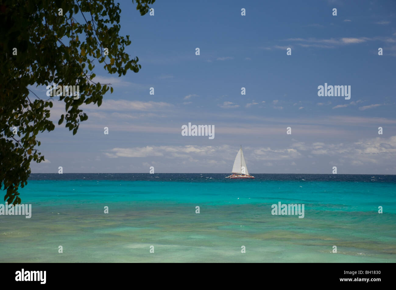 Una barca a vela al largo della costa occidentale di Barbados, le isole Windward, Caraibi Foto Stock
