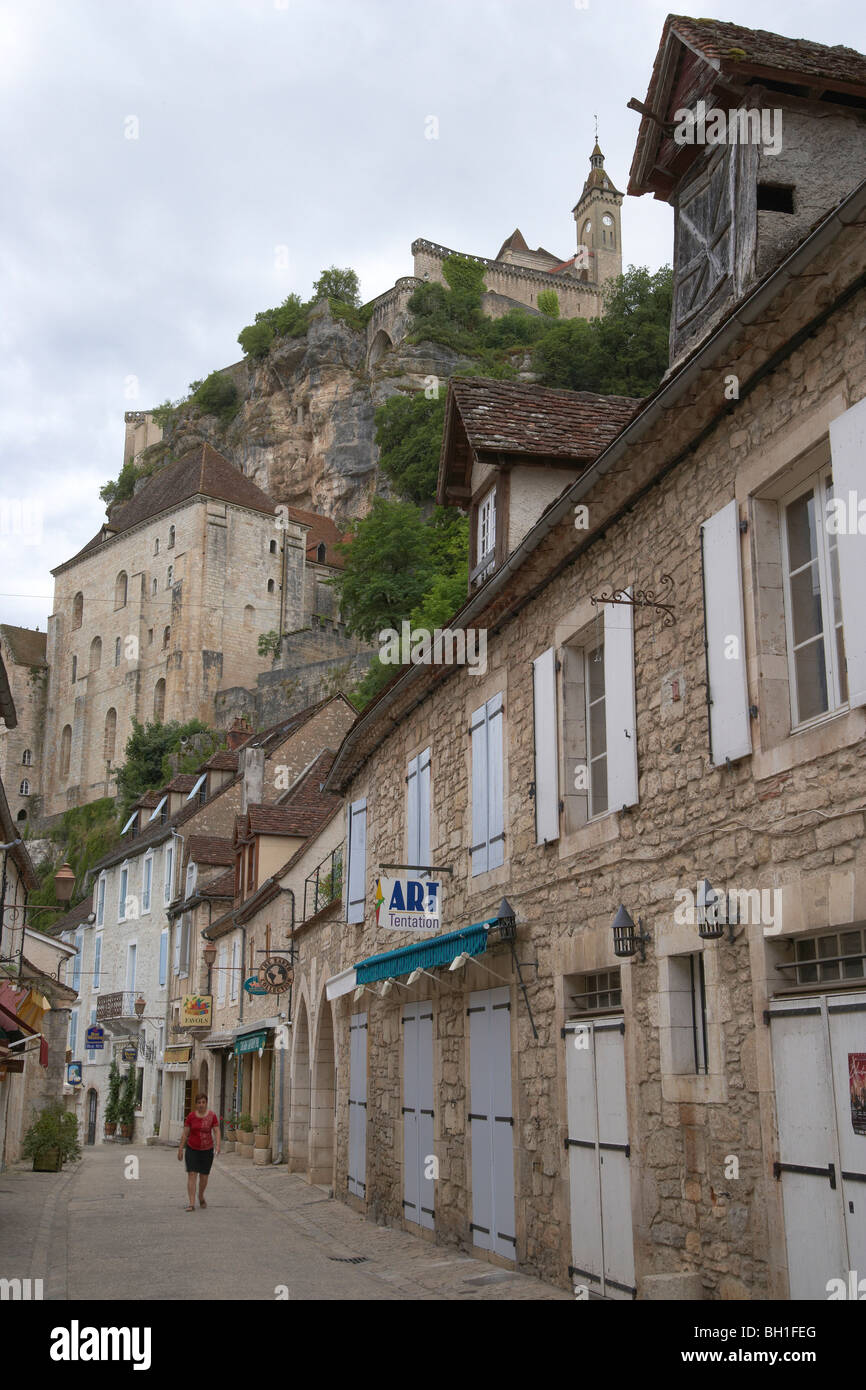 Le Bourg, Via di San Giacomo, Chemins de Saint-Jacques, Via Podiensis, Rocamadour, Dept. Lotto, Région Midi-Pyrénées, Francia, UE Foto Stock