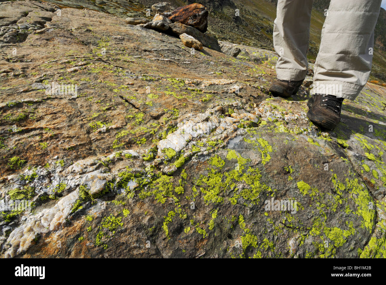 Persona in piedi su una lastra di roccia con quarzo dike, Alpi dello Stubai, Stubai, Tirolo, Austria Foto Stock