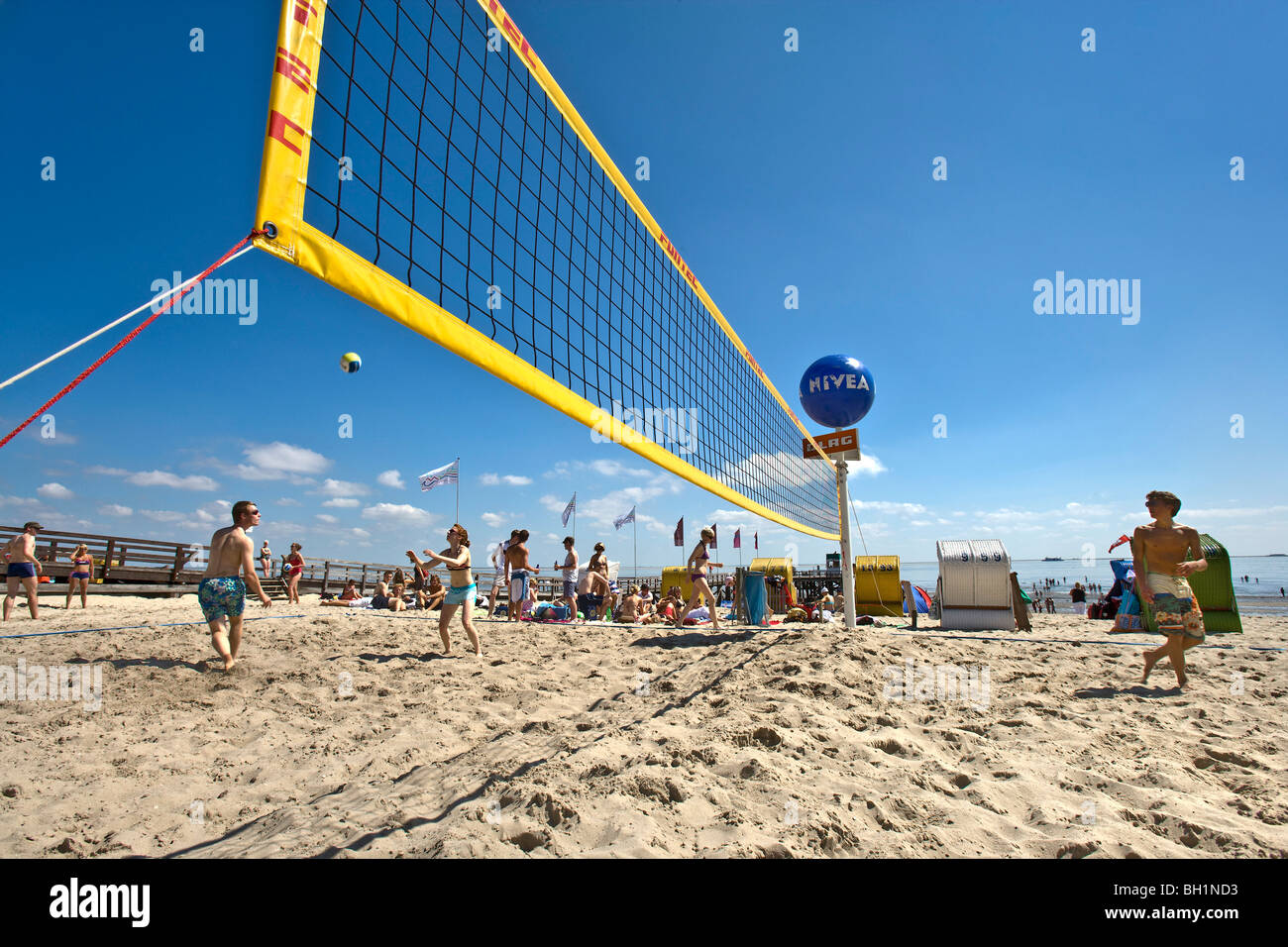 Beach volley, Wyk, Foehr Isola del nord Isole Frisone, Schleswig-Holstein, Germania Foto Stock