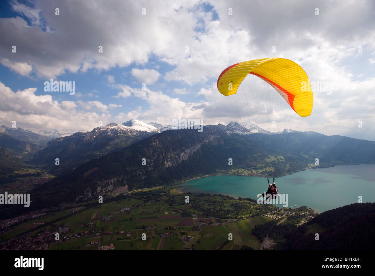 Il parapendio in tandem su Interlaken, Oberland Bernese (Highlands), il Cantone di Berna, Svizzera Foto Stock