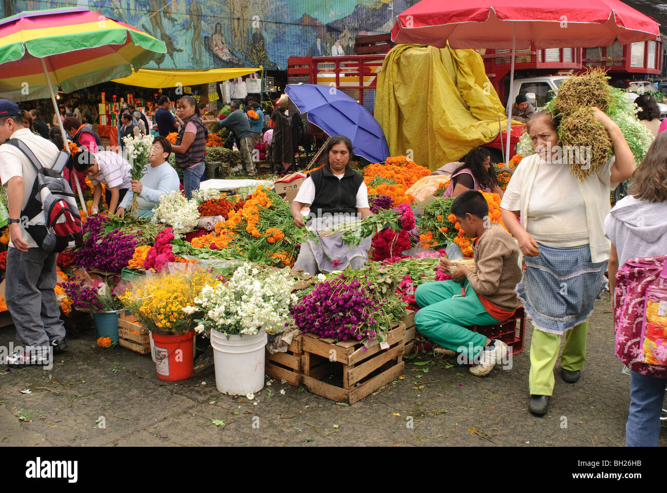 La Giamaica il mercato pubblico è il principale commerciale di punto di distribuzione per fiori per il Giorno dei Morti di feste. Foto Stock