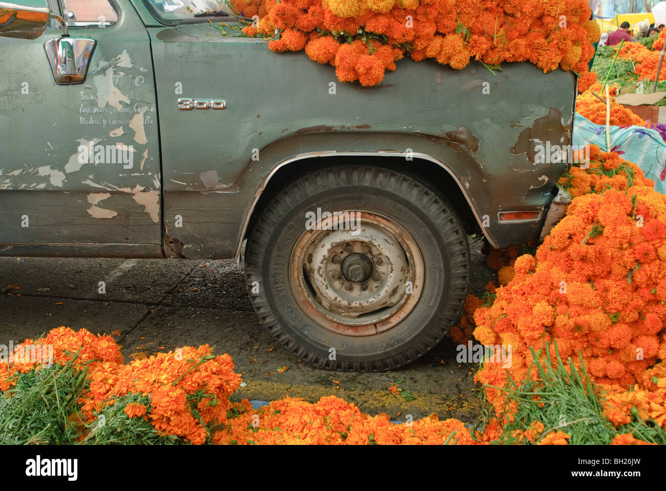 La Giamaica il mercato pubblico è il principale commerciale di punto di distribuzione per fiori per il Giorno dei Morti di feste. Foto Stock