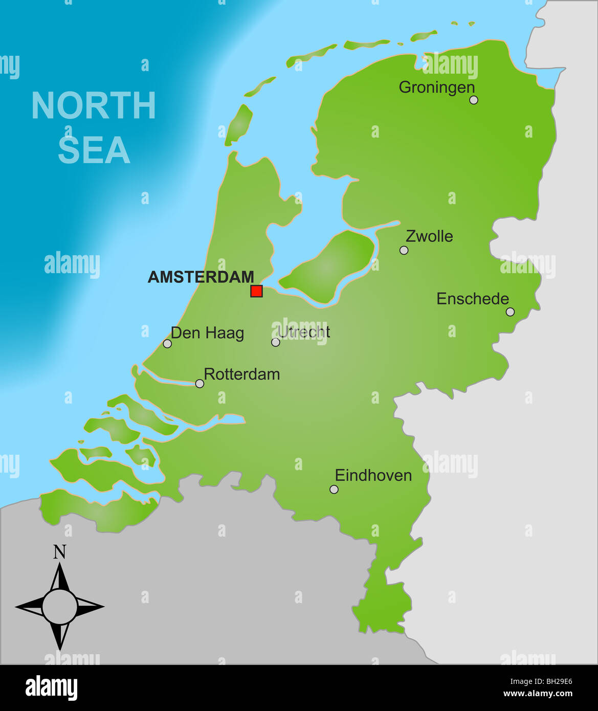 Una mappa stilizzata del Paesi Bassi che mostra diverse grandi città come nei paesi vicini. Foto Stock