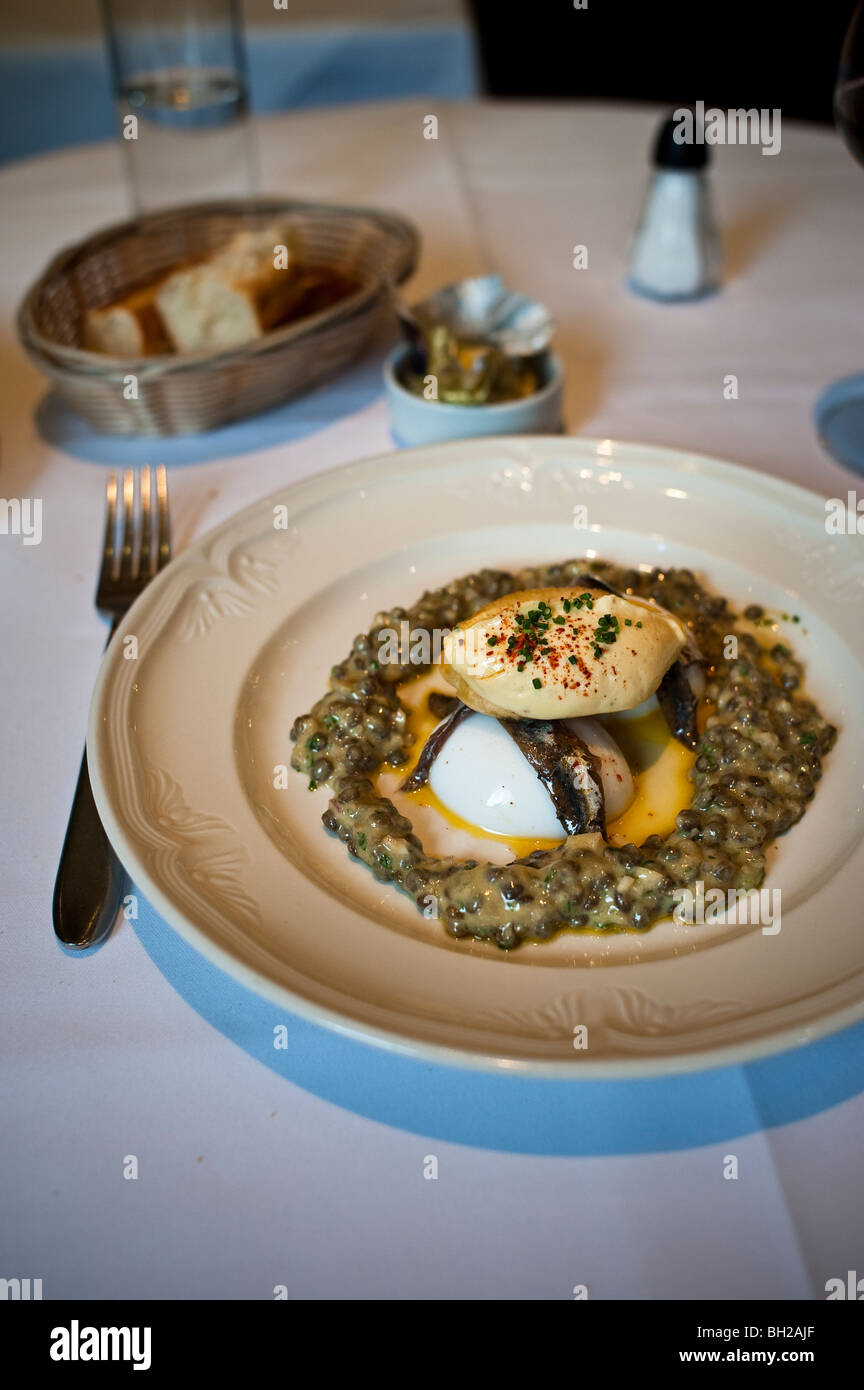 Duck egg, acciughe, lenticchia, aglio Foto Stock