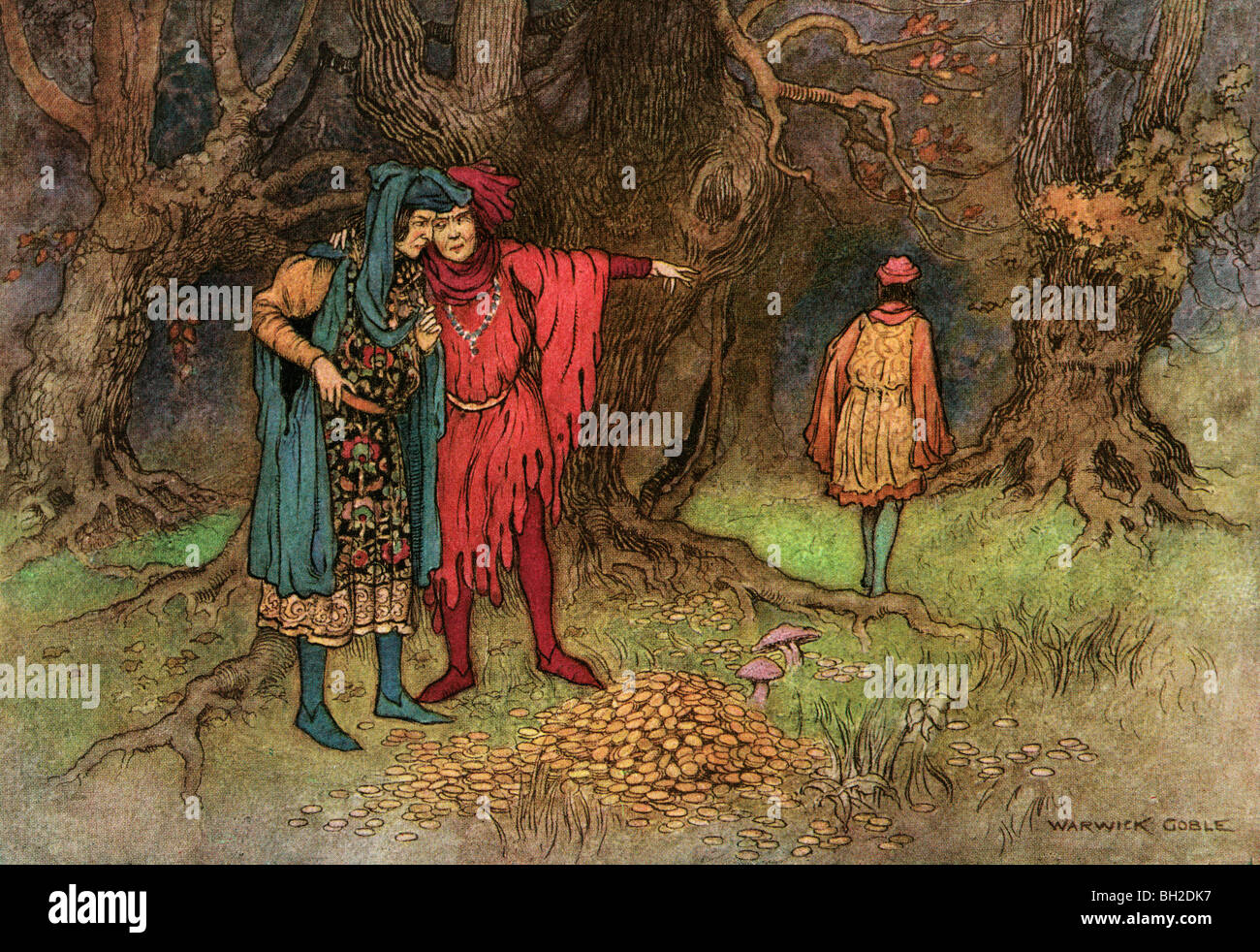 I tre festaioli e dell'oro da Warwick Goble, dalla completa opere poetiche di Geoffrey Chaucer, 1912. Foto Stock
