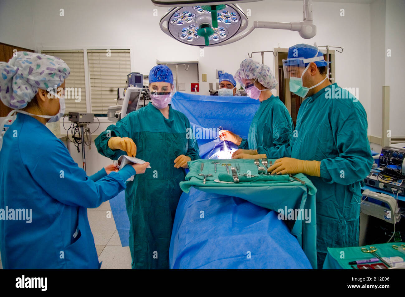 Una donna chirurgo sceglie una maglia sterile da lei infermiera circolante mentre si esegue un incisional la riparazione di ernia. Foto Stock