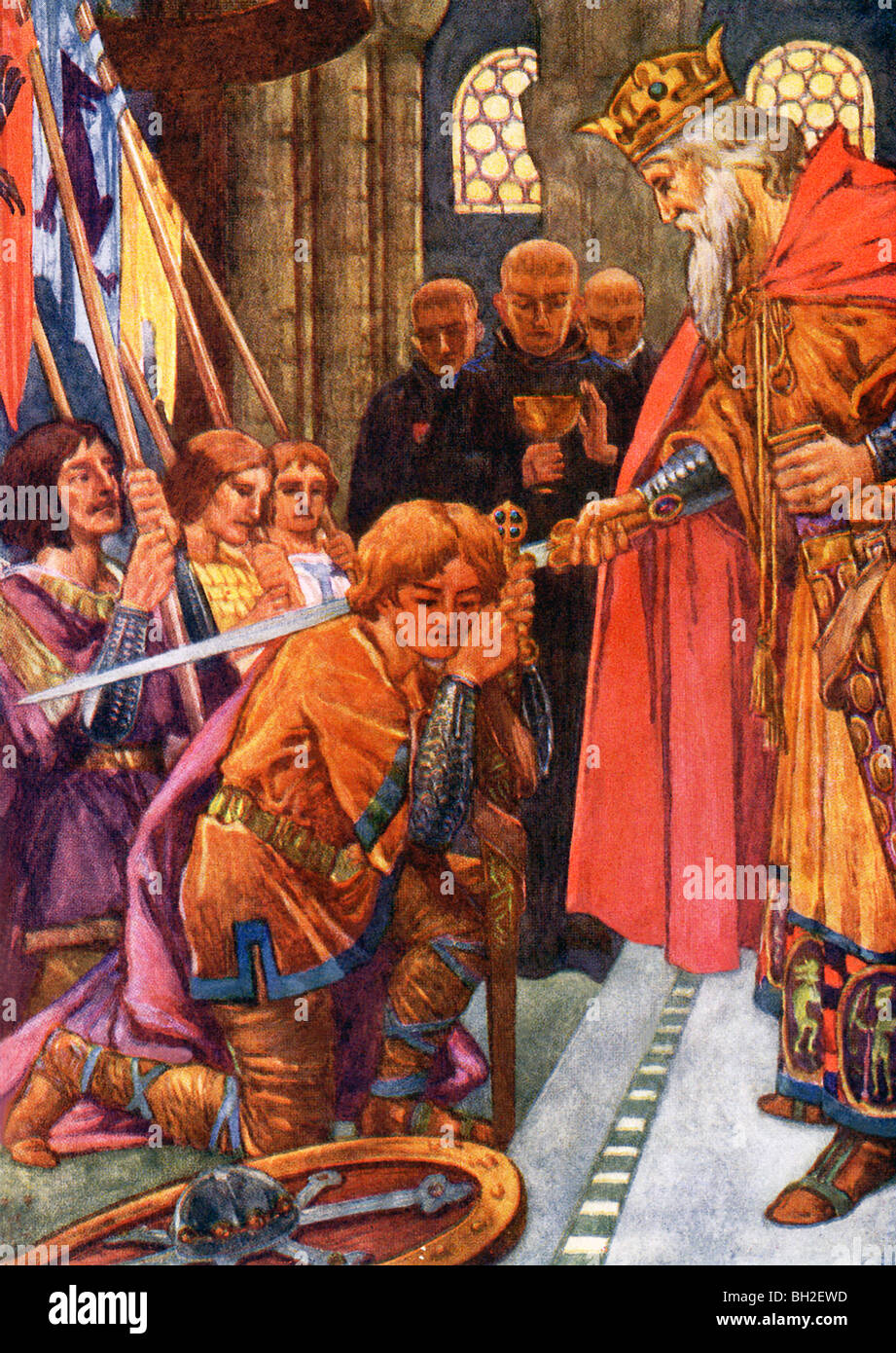 Re Siegmund dei Paesi Bassi è mostrato qui knighting il suo figlio, il principe Siegfried, il famoso eroe della mitologia tedesca. Foto Stock