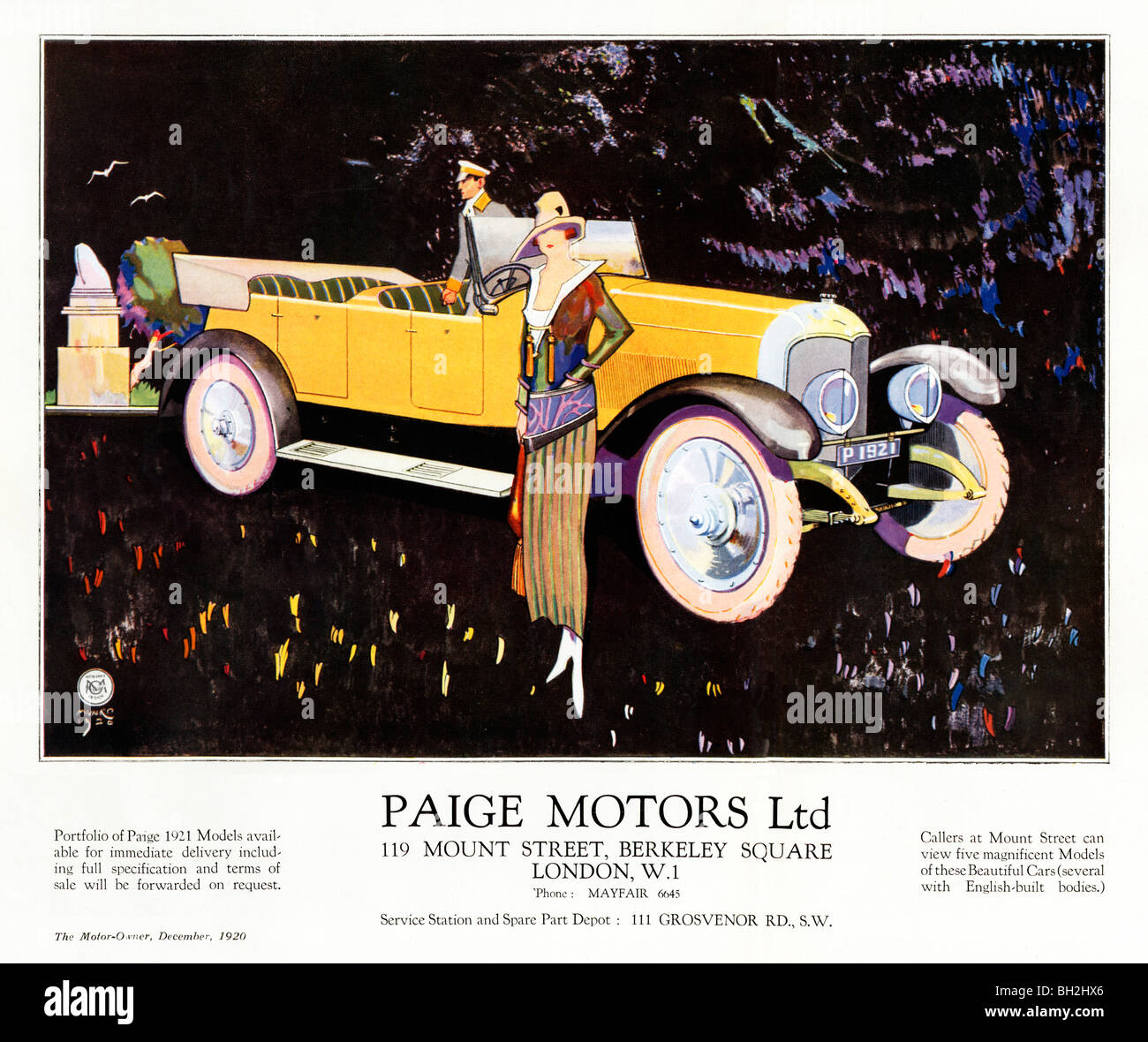 Paige motori 1921, meravigliosa arte Deco rivista inglese pubblicità per la sistemazione di auto americana fatta a Detroit Foto Stock