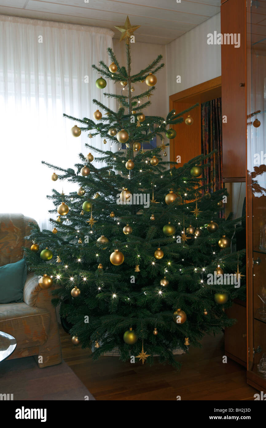 Festlich dekorierter und geschmueckter Weihnachtsbaum in einem Wohnzimmer, Oberhausen-Sterkrade, Ruhrgebiet, Niederrhein, Renania settentrionale-Vestfalia Foto Stock