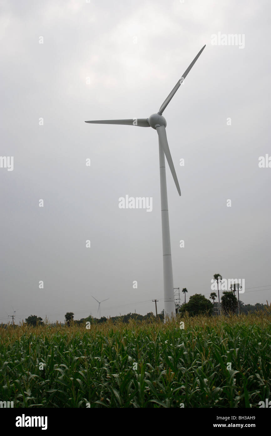 Il mulino a vento di campo di fattoria con uno scenario pittoresco vicino a Pollachi, India Foto Stock
