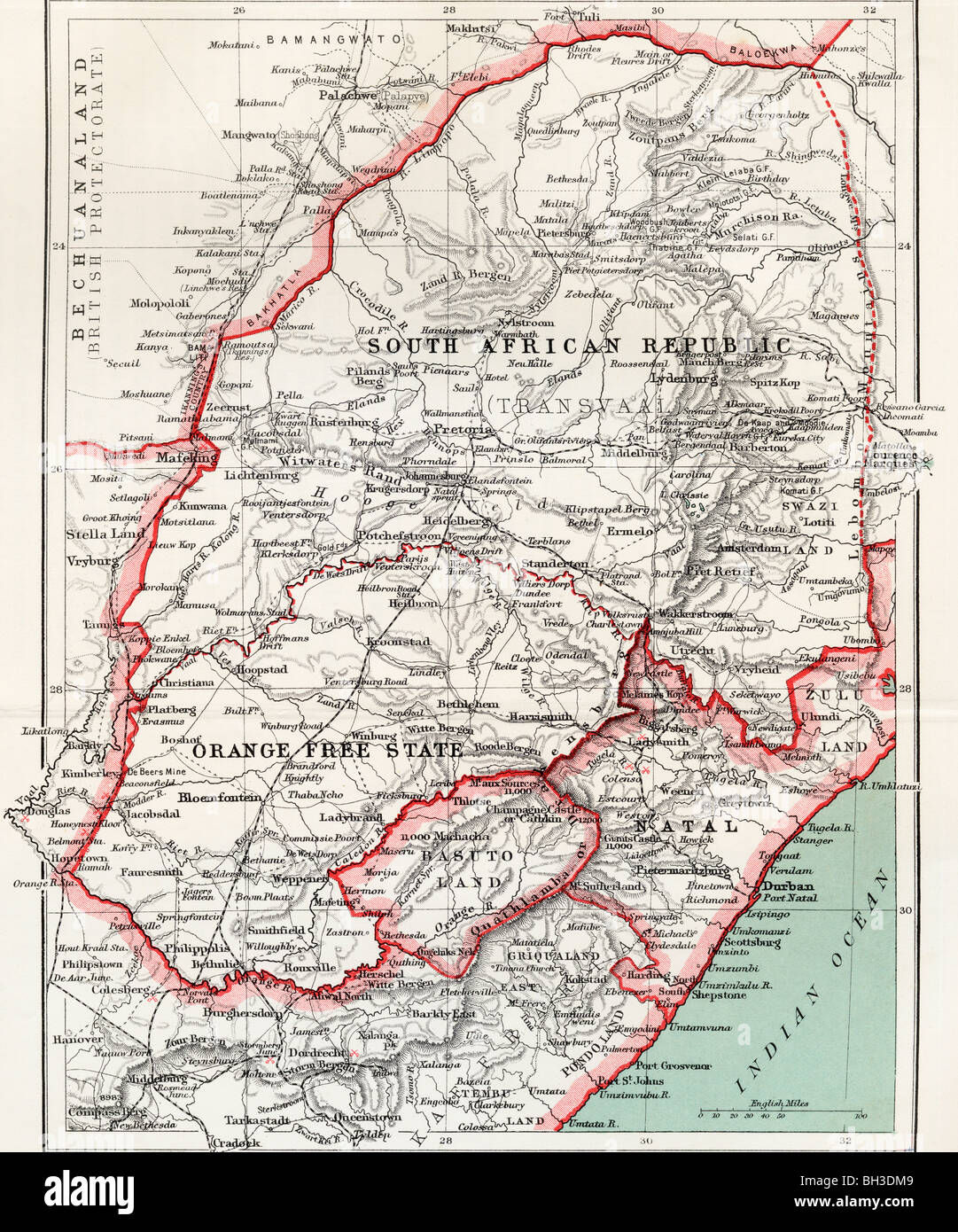 Mappa di Repubblica Sudafricana, Arancio Stato libero e Natal circa 1900. Foto Stock