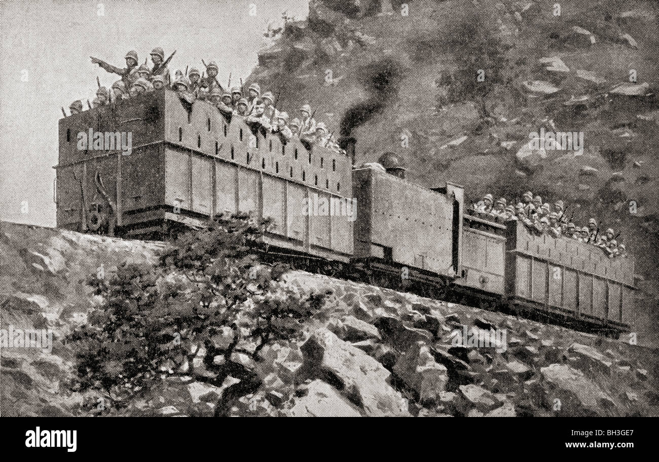 Treno Blindato in azione di ricognizione vicino a Kimberley, Sud Africa, durante la Seconda guerra boera. Foto Stock