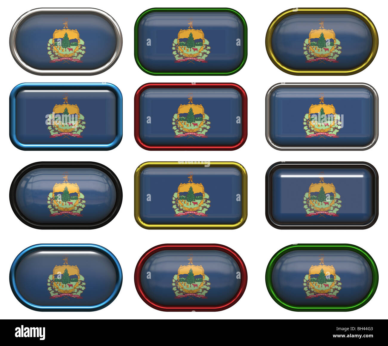 Dodici grandi pulsanti della bandiera del Vermont Foto Stock
