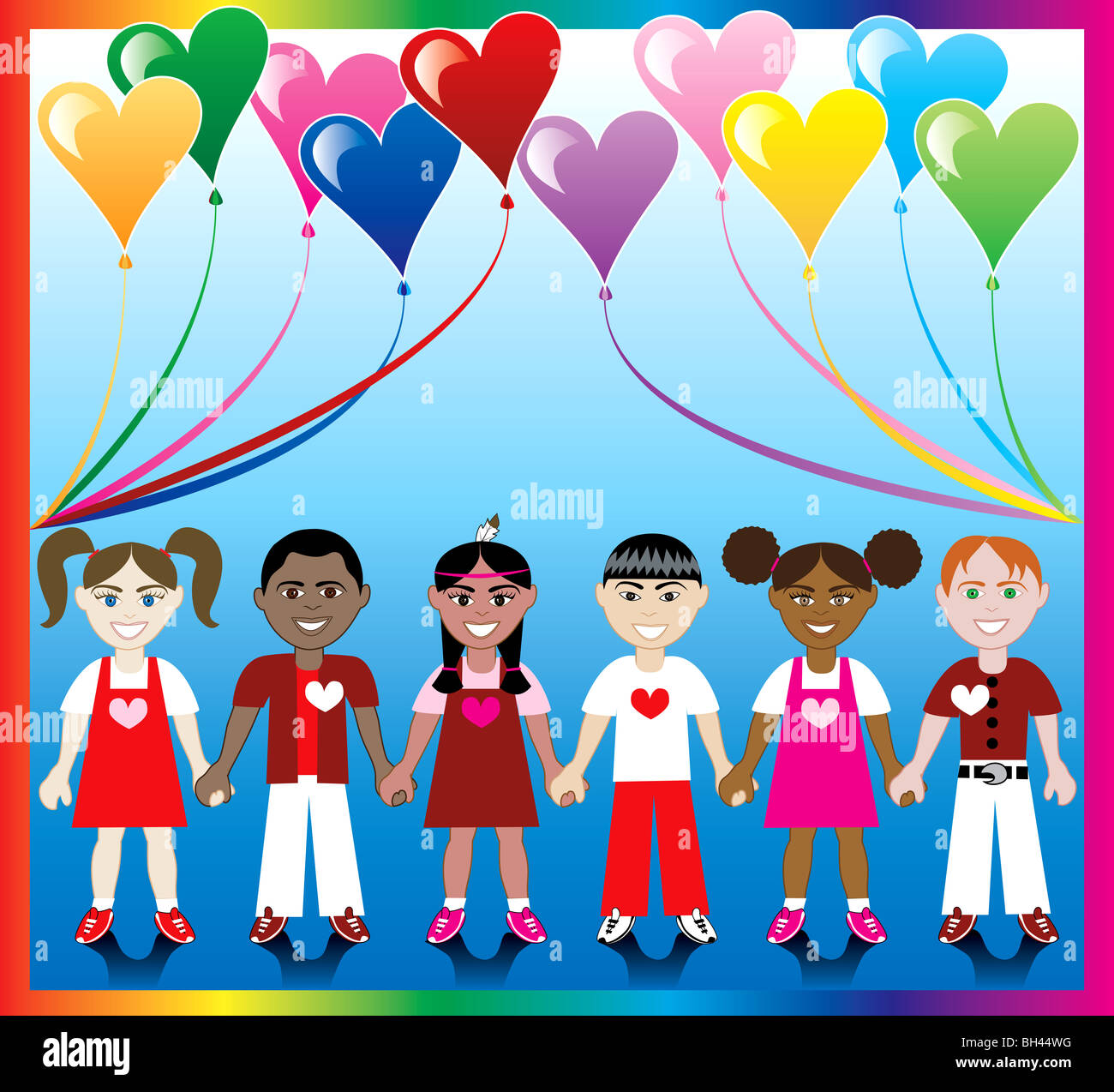 Illustrazione Vettoriale di 10 Cuore di palloncini con uno sfondo colorato e i bambini si tengono per mano con amore i colori e i cuori. Foto Stock