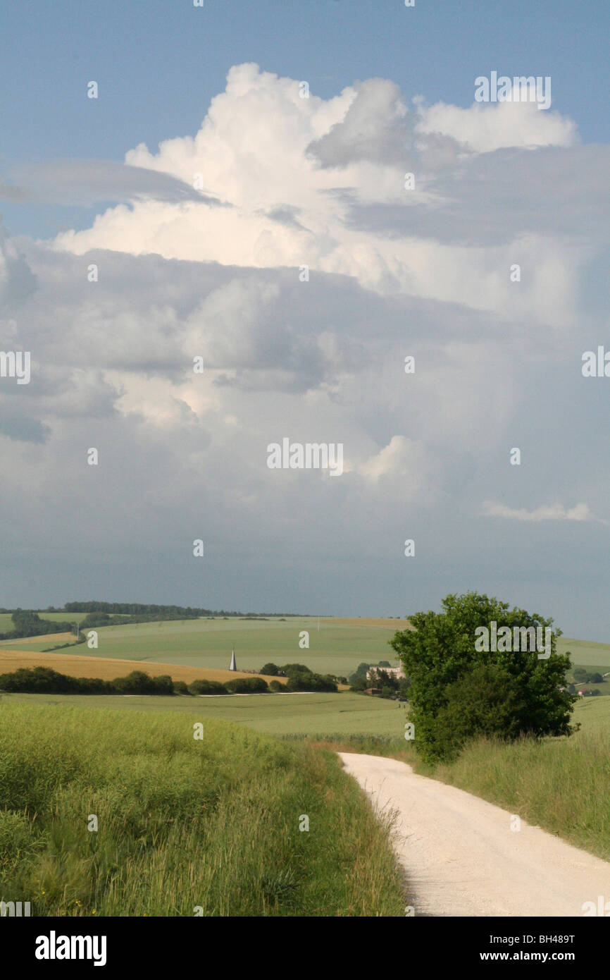 Nuvole sopra i campi di orzo nel nord della Francia. Foto Stock