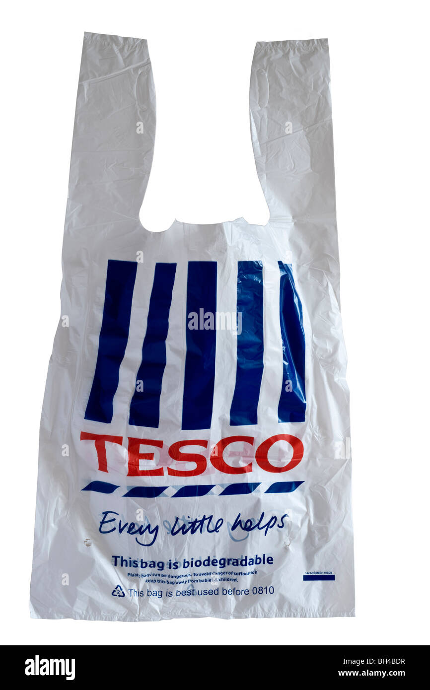 Tesco rosso bianco e blu in plastica shopping bag Foto Stock