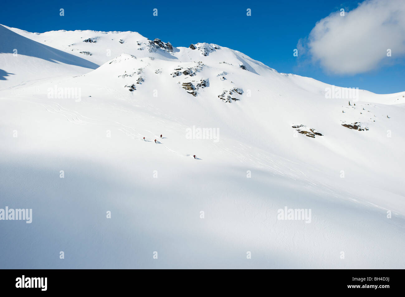 Un gruppo di sciatori prendere una corsa verso il basso una grande ciotola alpina nel backcountry del Selkirk Mountains, Canada. Foto Stock